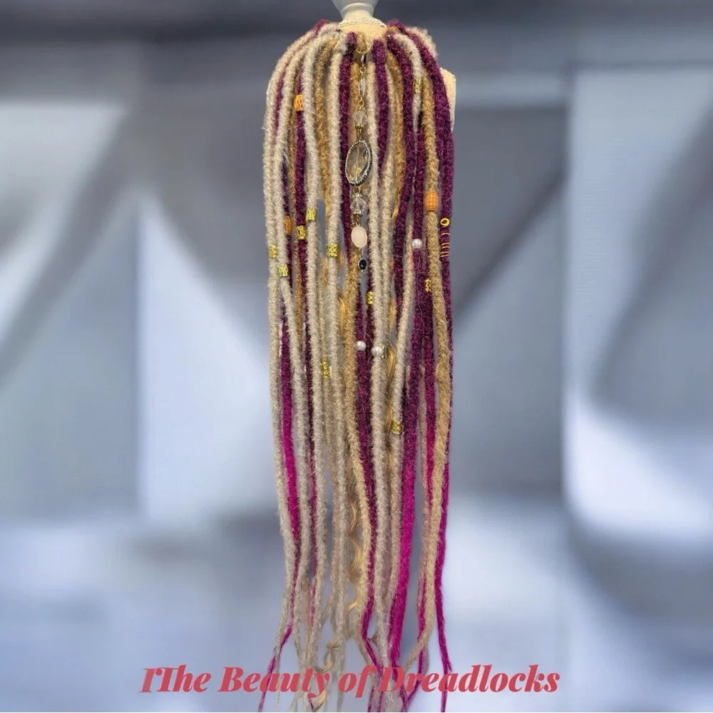 Handmade Boho Dreadlock Extension Piece in Beige and Magenta - Picture 3 of 3